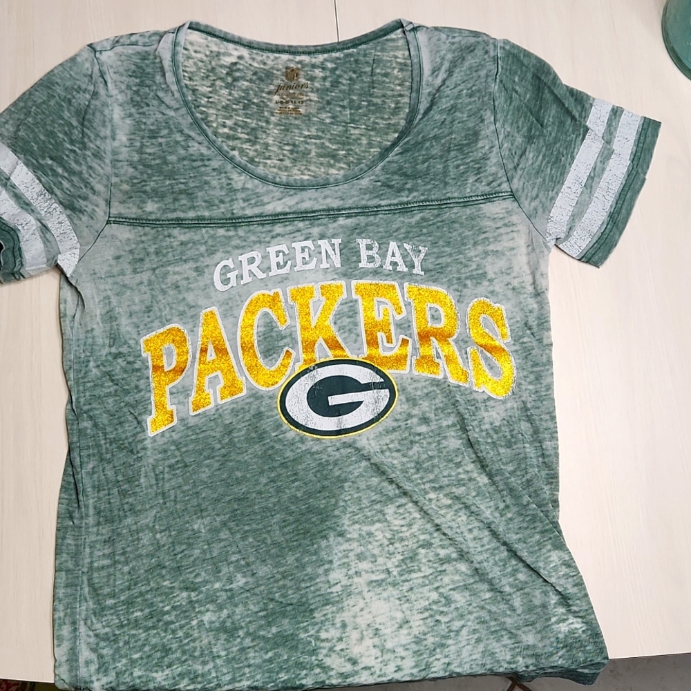 NFL 🏈 Green Bay Packers 🧀 Burnout Tee 💚 Sz L ✨️ Gold Glitter